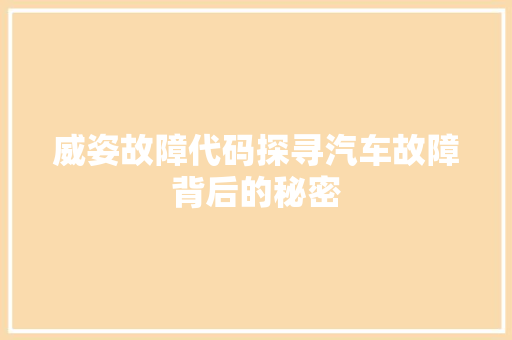 威姿故障代码探寻汽车故障背后的秘密